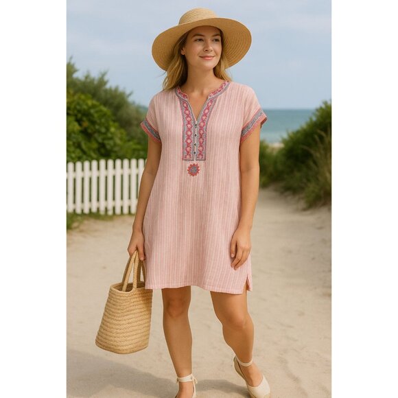 Johnny Was Peasant Embroidered Stripe Linen Tunic Dress 2X Boho Coastal Cottage - Picture 2 of 13